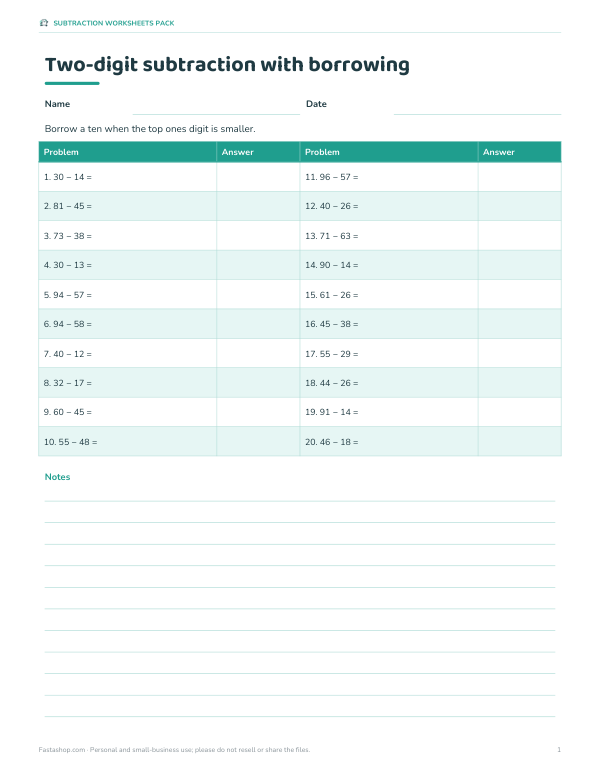 Preview of Printable 2-Digit Subtraction with Borrowing