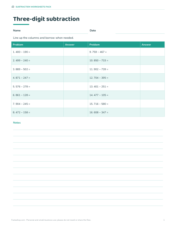 Preview of Printable 3-Digit Subtraction Worksheets