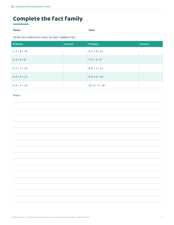 Preview of Printable Fact Families Worksheets