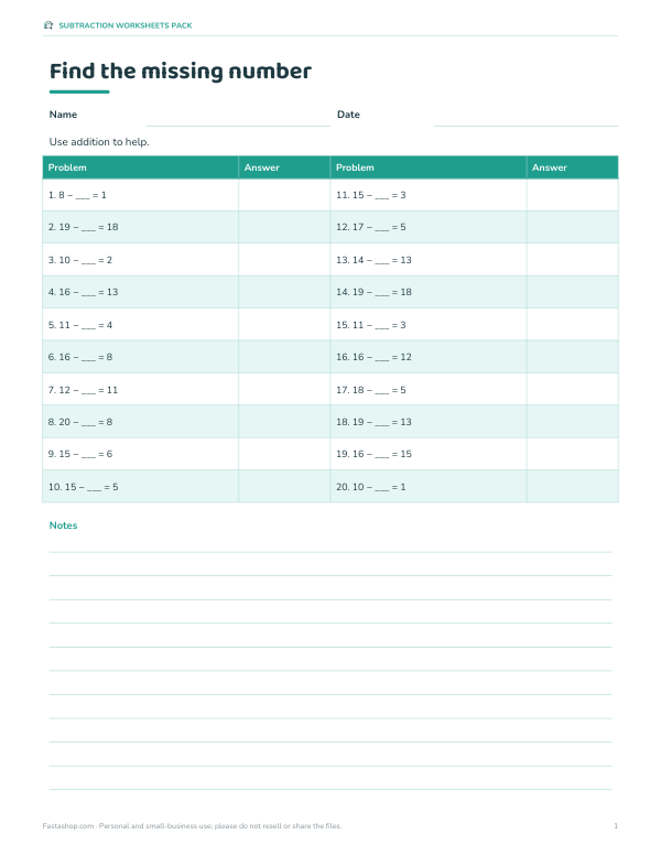 Preview of Missing Number Subtraction Worksheets
