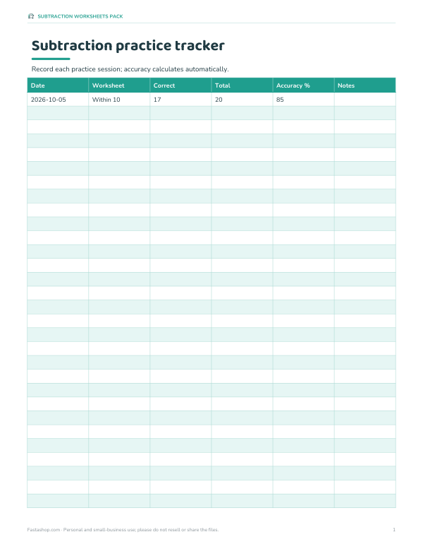 Preview of Printable Subtraction Practice Tracker