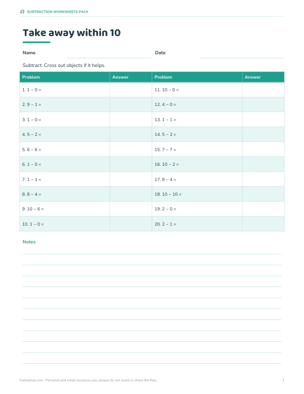 Preview of Within 10 Subtraction Worksheets