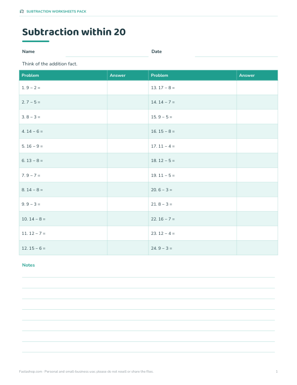 Preview of Subtraction Within 20 Worksheet
