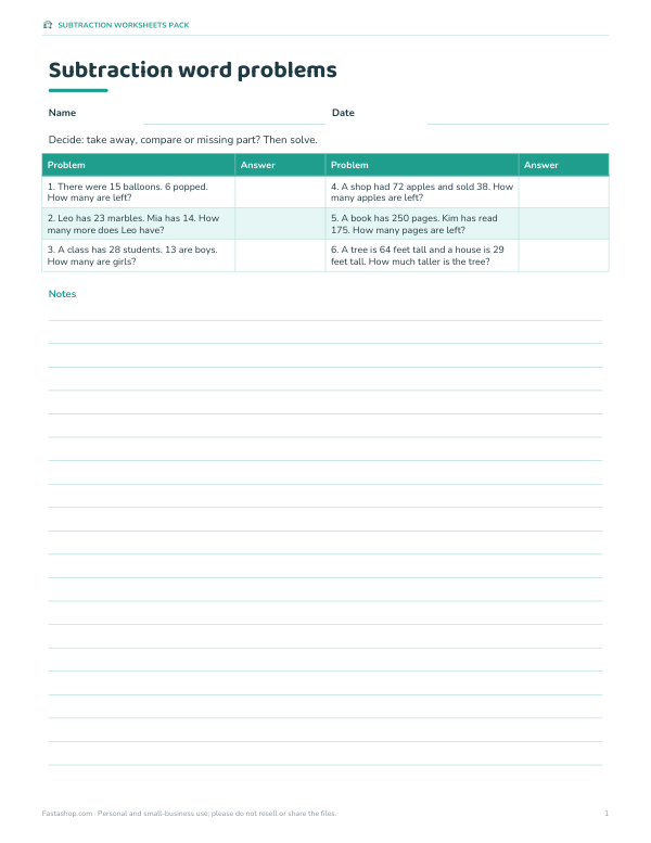 Preview of Printable Subtraction Word Problems